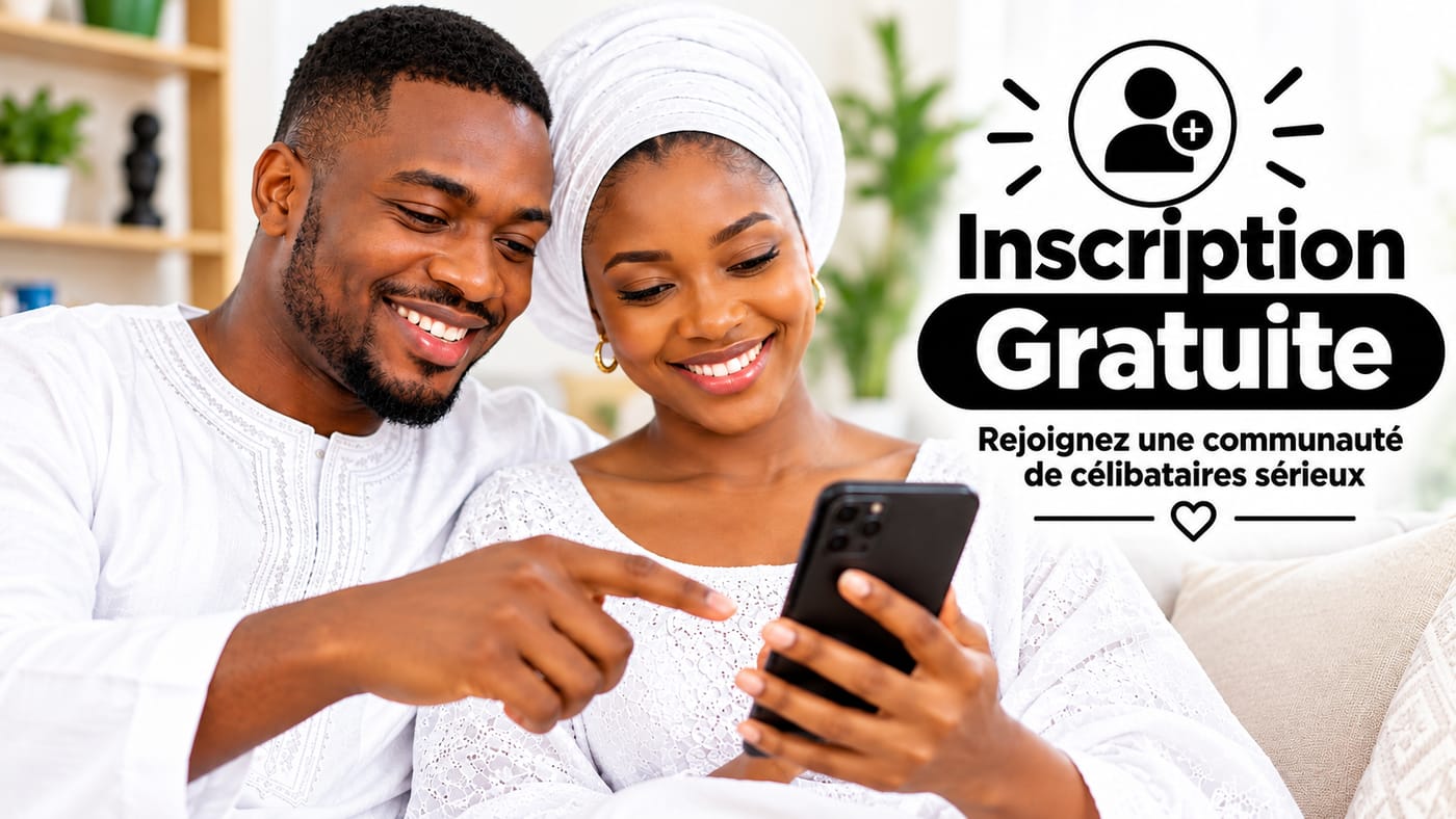 Un couple en tenue blanche, souriant, regardant un téléphone ensemble, à côté de la mention « Inscription gratuite — rejoignez une communauté de célibataires sérieux »