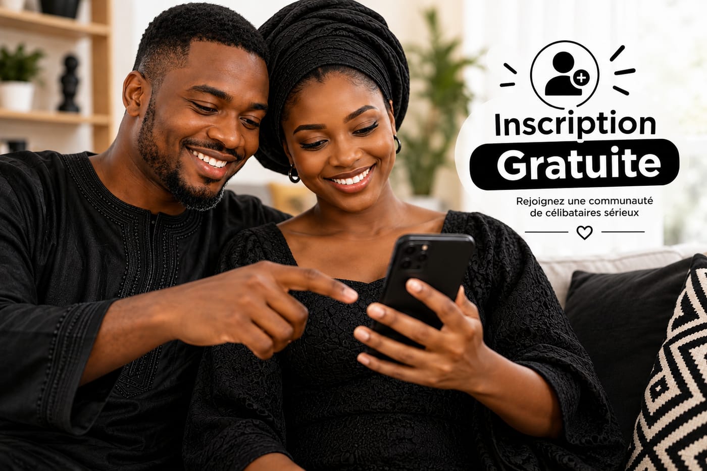 Un couple souriant regardant un téléphone ensemble, à côté de la mention « Inscription gratuite — rejoignez une communauté de célibataires sérieux »