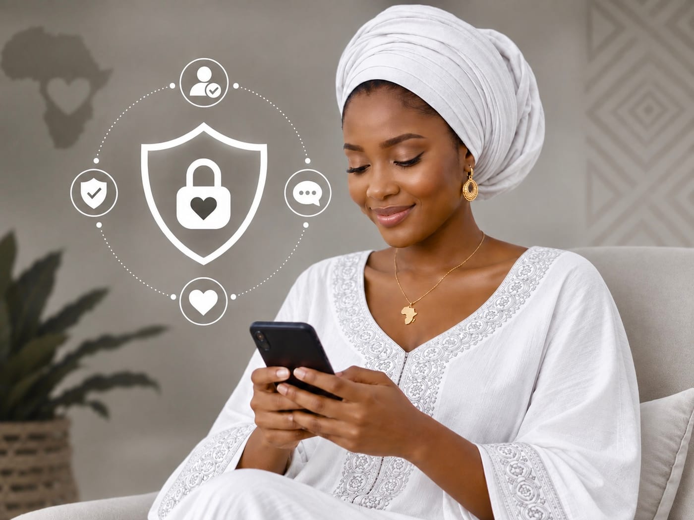 Une femme en tenue blanche, sereine, consultant son téléphone, entourée de pictogrammes de sécurité : profil vérifié, cadenas, messagerie