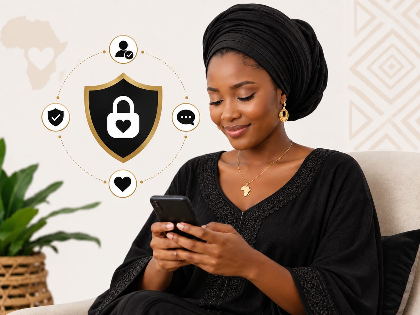 Une femme sereine consultant son téléphone, entourée de pictogrammes de sécurité : profil vérifié, cadenas, messagerie